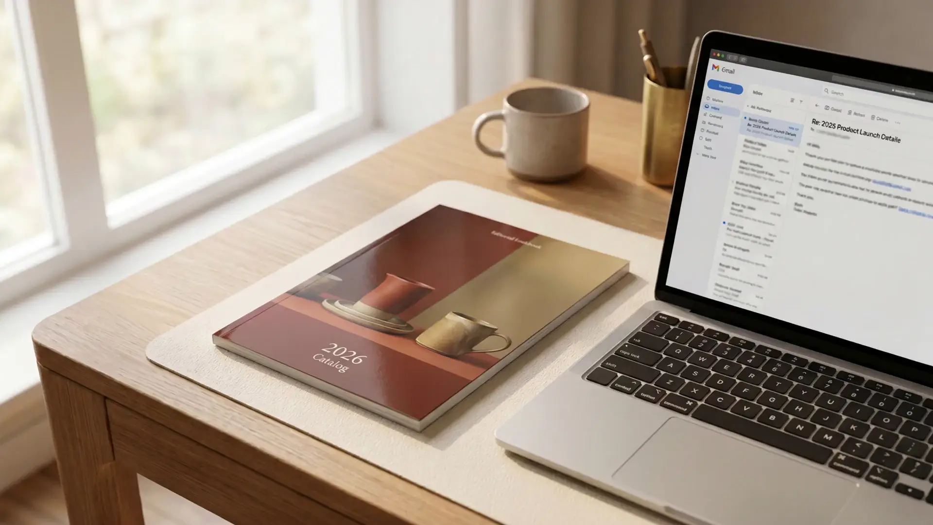 A printed catalog on a desk that becomes a living, lead-capturing interactive flipbook