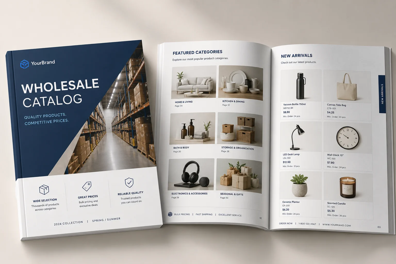 A printed wholesale catalog opened to its featured-categories and new-arrivals spread — the kind of PDF that PDF Leads turns into an interactive, lead-capturing flipbook
