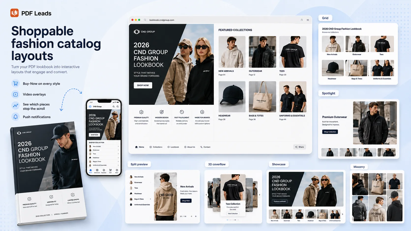 A fashion lookbook rebuilt by PDF Leads into shoppable interactive layouts — grid, spotlight, split preview, 3D coverflow, showcase and masonry, shown on desktop and mobile