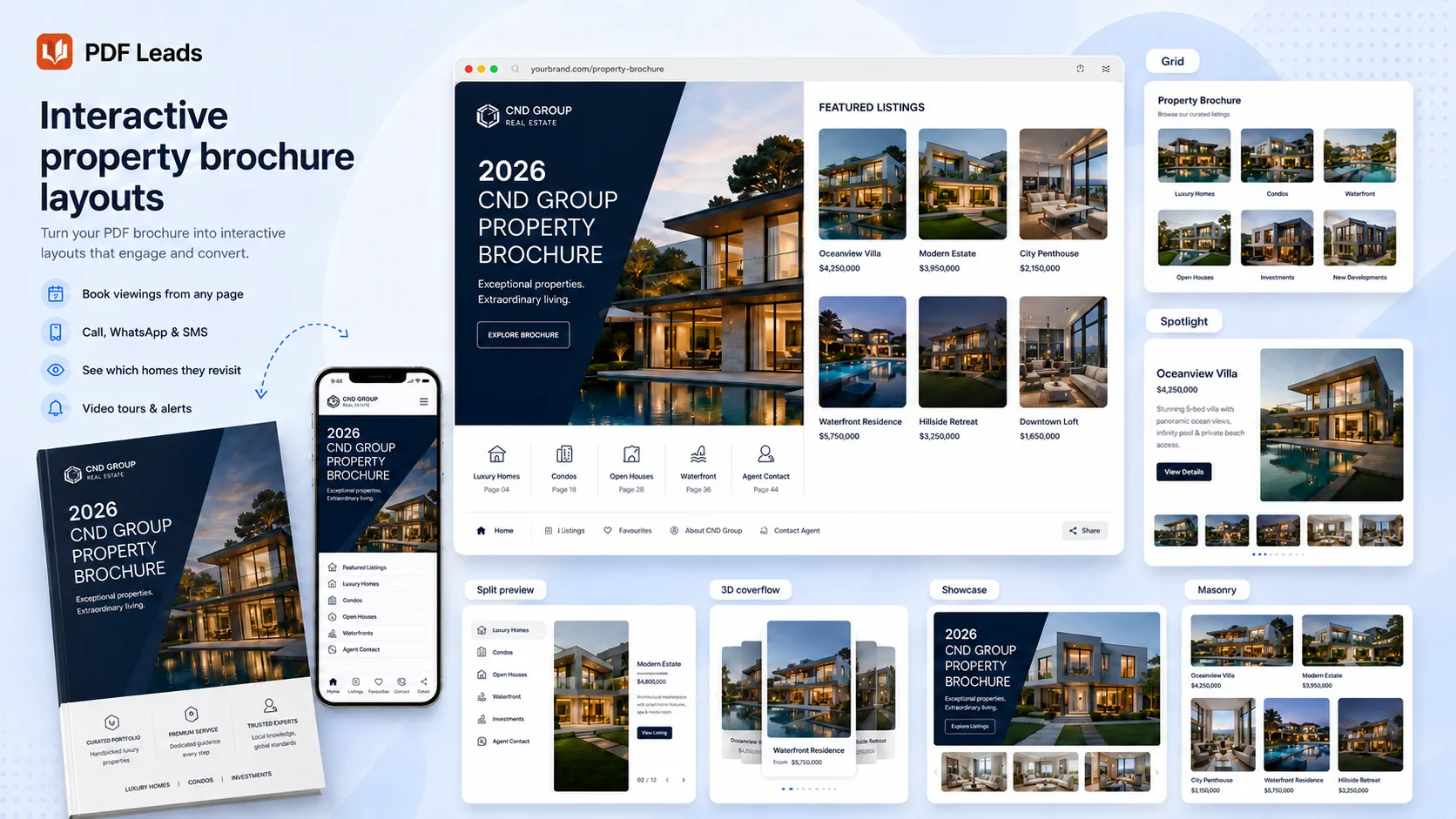 A property brochure rebuilt by PDF Leads into interactive layouts — grid, spotlight, split preview, 3D coverflow, showcase and masonry, shown on desktop and mobile