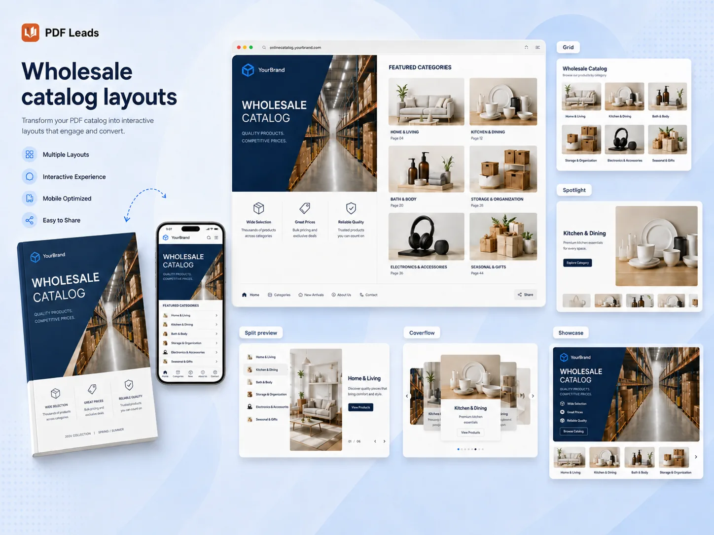 A wholesale catalog rebuilt by PDF Leads into interactive layouts — grid, spotlight, split preview, coverflow and showcase, shown on desktop and mobile